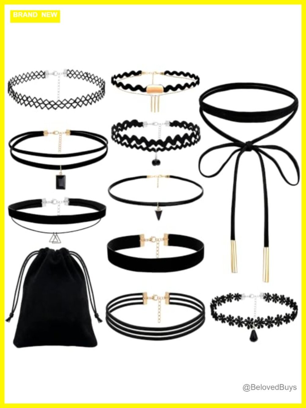 10PC Black Choker Necklace Set Emo Gothic Y2K Grunge Punk Cosplay Elastic